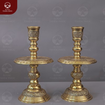 Chân nến bằng đồng vàng đúc máy để bàn thờ họa tiết Tứ linh màu mộc