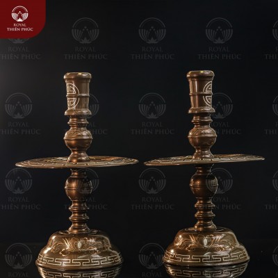 Chân nến đồng chạm rồng phượng khảm tam khí dát điểm vàng cao 60cm