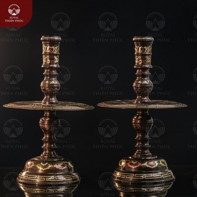Chân nến đồng khảm tam khí kỹ cao 60cm Long Phụng chầu nguyệt  