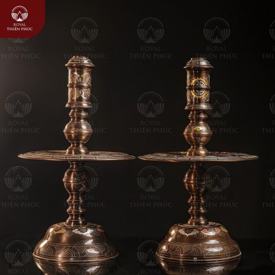 Chân nến đồng Tứ linh khảm ngũ sắc dát điểm vàng cao 60cm