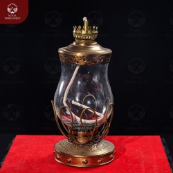 Đèn dầu bàn thờ bằng đồng cánh sen bầu thủy tinh trong suốt cao 20cm