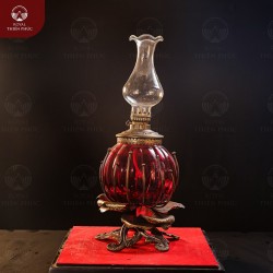 Đèn dầu thờ bằng đồng chân lá bầu thủy tinh màu đỏ