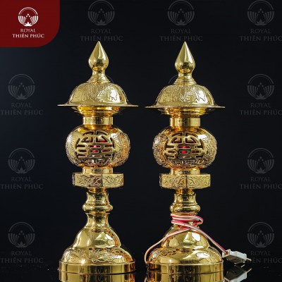 Đèn thờ đẹp bầu tròn bằng đồng đỏ mạ vàng tĩnh điện cao 46cm