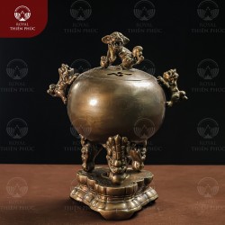 Đỉnh cầu thất lân mẫu trơn bằng đồng vàng hun cao 40cm