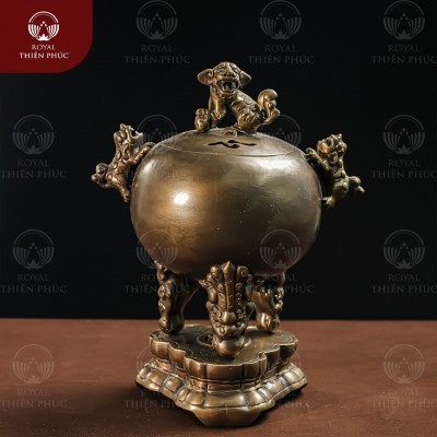 Đỉnh cầu thất lân mẫu trơn bằng đồng vàng hun cao 40cm