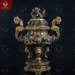 Đỉnh đồng 2 công nghệ chạm rồng phượng đẹp cổ kính cao 60cm 