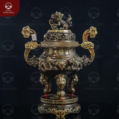 Đỉnh đồng 2 công nghệ chạm rồng phượng đẹp cổ kính cao 60cm 