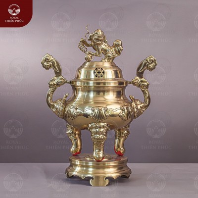 Đỉnh đồng catut thờ cúng gia tiên chạm sòi nổi màu mộc