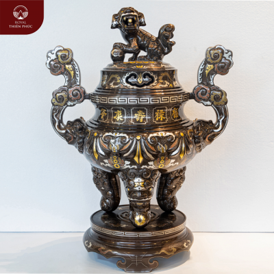 Đỉnh đồng đẹp chạm dơi sòi Ngũ Phúc Lâm Môn khảm ngũ sắc