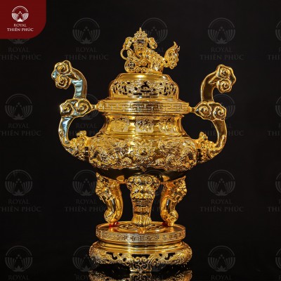 Đỉnh đồng đẹp mạ vàng 24k chạm hoa văn rồng phượng cao 50cm