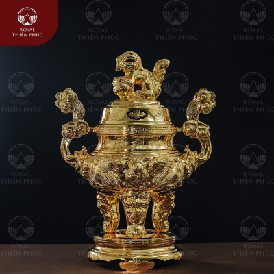 Đỉnh đồng đỏ năm Hán tự mạ vàng tĩnh điện cao 50cm 