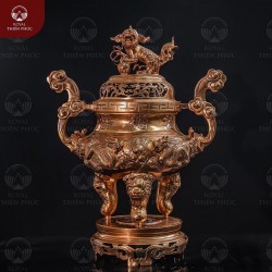 Đỉnh đồng đỏ thờ gia tiên màu mộc họa tiết rồng phượng cao 60cm 