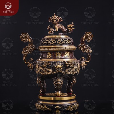 Đỉnh đồng hai lai chạm rồng phượng cao 40cm bày bàn thờ