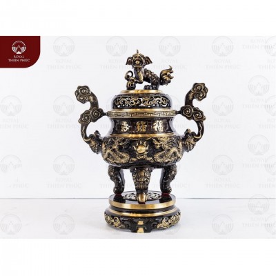 Đỉnh đồng hai lai để bàn thờ chạm nổi rồng phượng, hoa sòi cao 45cm