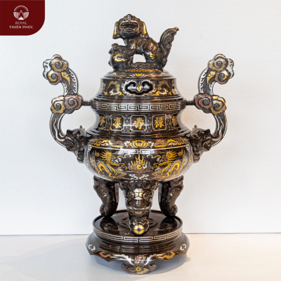 Đỉnh đồng thờ cúng chạm sen rồng khảm ngũ sắc 5 chữ vàng