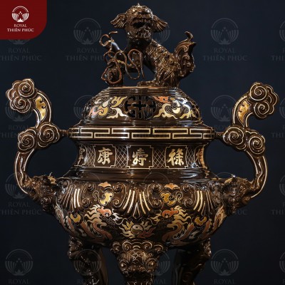 Đỉnh đồng thờ cúng chạm song long khảm tam khí kỹ cao 50cm