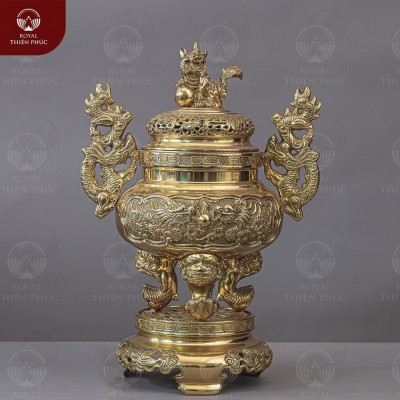 Đỉnh đồng thờ cúng gia tiên tai rồng vàng đúc máy màu mộc