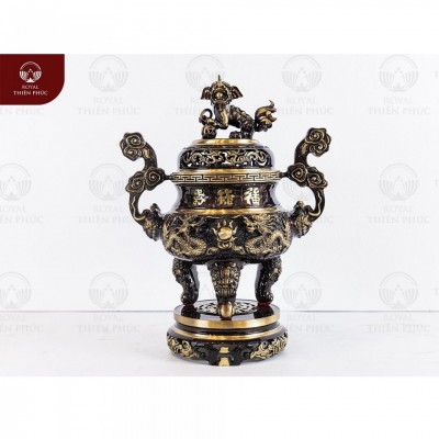 Đỉnh đồng thờ cúng hai lai chạm họa tiết song long chầu nguyệt