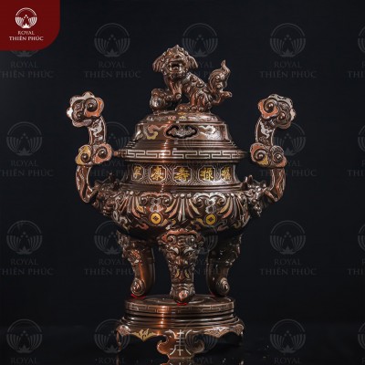 Đỉnh đồng thờ cúng khảm ngũ sắc chạm sòi và đồng xu cao 50cm 