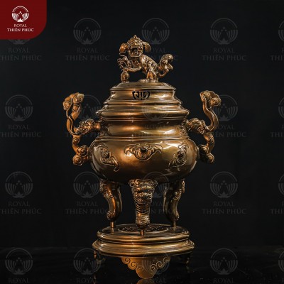 Đỉnh hương đồng chạm dơi cao 60cm bằng đồng đỏ hun nâu