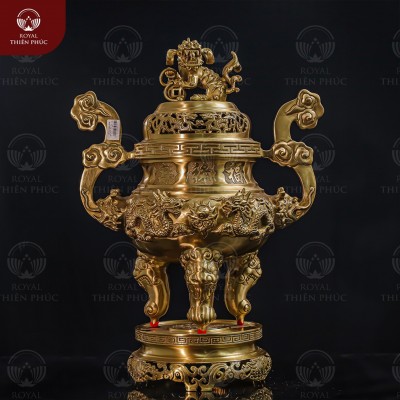 Đỉnh hương đồng vàng mộc chạm nổi rồng phượng cao 60cm 