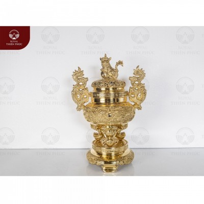 Đỉnh thờ bằng đồng vàng đúc máy chạm rồng nổi tinh xảo