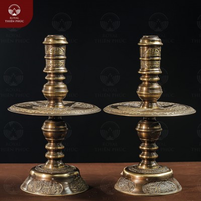 Đôi chân nến bàn thờ họa tiết Tứ linh đồng 2 công nghệ cao 50cm 
