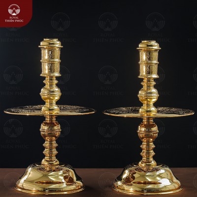 Đôi chân nến đồng đỏ Long Phụng mạ vàng tĩnh điện cao 50cm 