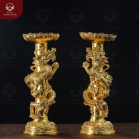 Đôi chân nến thờ tạo hình sen rồng bằng đồng vàng dát vàng cao 60cm