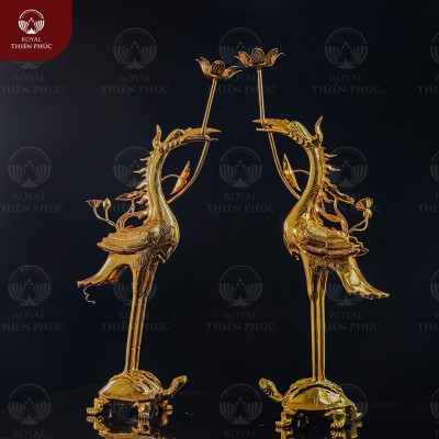 Đôi hạc bằng đồng đỏ mạ vàng tĩnh điện ngậm sen cao 50cm
