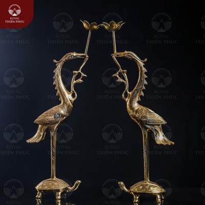 Đôi hạc bàn thờ ngậm sen bằng đồng catut cao 45cm
