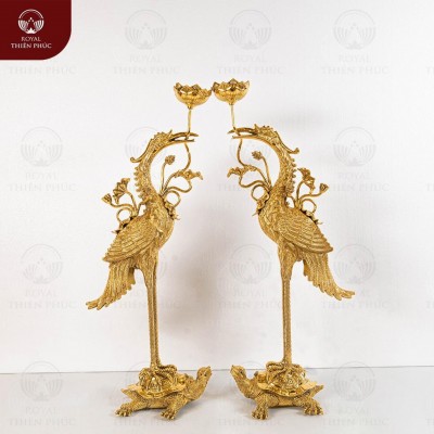 Đôi hạc đồng vàng đúc máy cưỡi rùa ngậm sen để bàn thờ