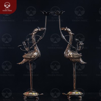 Đôi hạc thờ bằng đồng đỏ khảm tam khí kỹ cao 45cm 