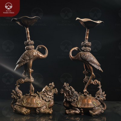 Đôi hạc thờ cưỡi Long Quy bằng đồng hun giả cổ cao 46cm 