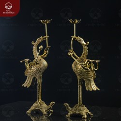 Đôi hạc thờ ngậm sen cao 45cm bằng đồng vàng đúc máy
