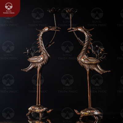 Hạc đồng để bàn thờ khảm tam khí ngậm sen cao 60cm 