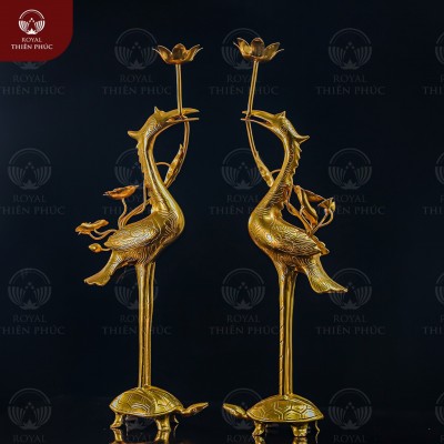 Hạc đồng đỏ thờ cúng ngậm sen thếp vàng 9999 cao 50cm  