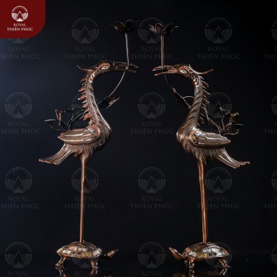 Hạc đồng thờ cúng ngậm sen khảm tam khí kỹ cao 60cm