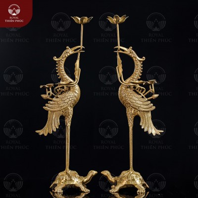 Hạc đồng vàng mộc ngậm cành sen cao 60cm để bàn thờ  