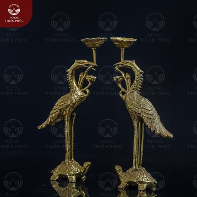 Hạc thờ bằng đồng vàng ngậm sen đúc máy cao 25cm 