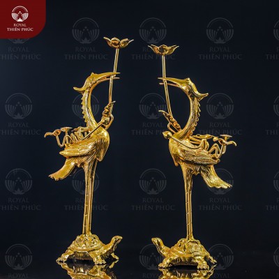 Hạc thờ gia tiên bằng đồng đỏ mạ vàng cao 45cm 