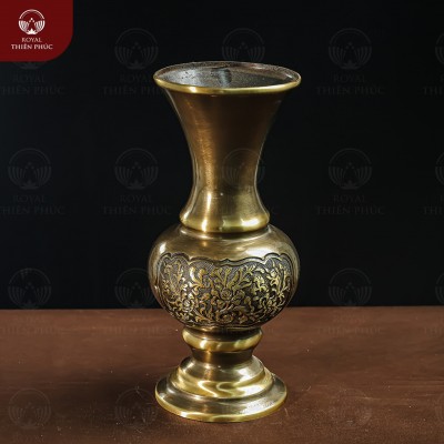 Lọ hoa bằng đồng 2 công nghệ chạm nổi vườn Cúc cao 40cm 