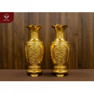Lọ hoa thờ bằng đồng chạm Tứ quý dát vàng 9999
