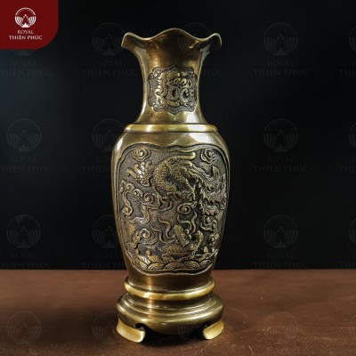 Lọ hoa thờ Tứ linh bằng đồng vàng 2 công nghệ cao 40cm 