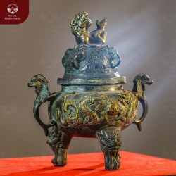 Lư đốt trầm đồng vàng giả cổ họa tiết rồng nắp nghê cao 18cm 