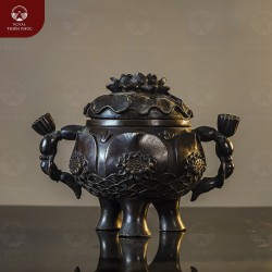 Lư đốt trầm hương bầu tròn nắp sen đồng vàng hun giả cổ cao 18cm