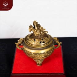 Lư xông trầm bằng đồng vàng nắp đầu rồng cỡ nhỏ