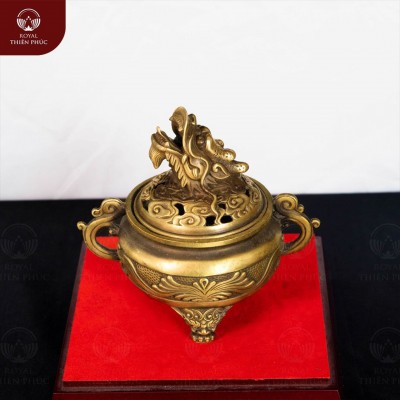 Lư xông trầm bằng đồng vàng nắp đầu rồng cỡ nhỏ