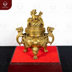 Lư xông trầm bằng đồng vàng nắp nghê màu mộc