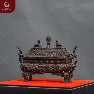 Lư xông trầm đồng cát tường hình chữ nhật cao 14cm ngang 22cm